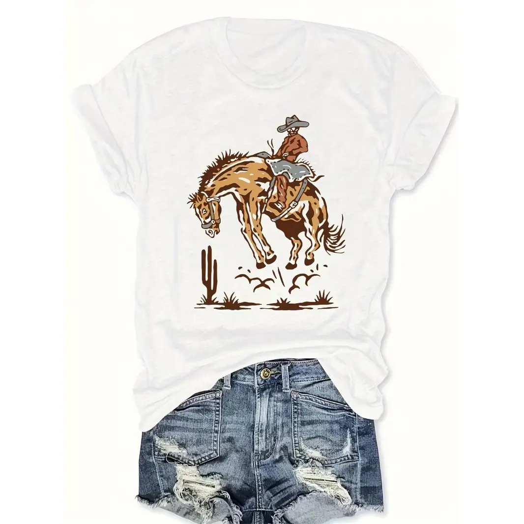 Women Vintage Western Cowboy Rodeo Print Cotton Short Sleeve T Shirt Casual Summer Country Style Soft Comfortable Tee Daily Outdoor Vacation Wear Fashion Graphic Top For Ladies