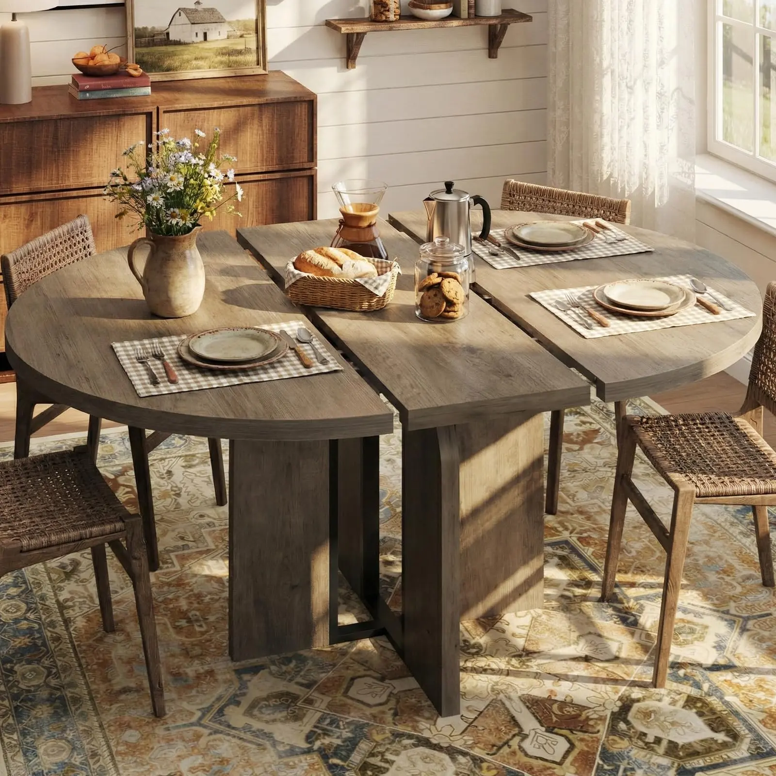 47"-63" Extendable Dining Table for 4-8, Farmhouse Expandable Round Kitchen Table Transforms Into Oval, w/Arched Legs, Sturdy Metal Frame, Space Saving, for Dinner, Apartment