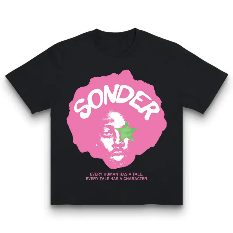 Graphic T-Shirt with Sonder Lettering Print, Unisex Minimalist Streetwear Style in Soft 100% Cotton, Classic Loose Fit Crewneck, Simple, Shortsleeve, Tee, Casual, Fabric