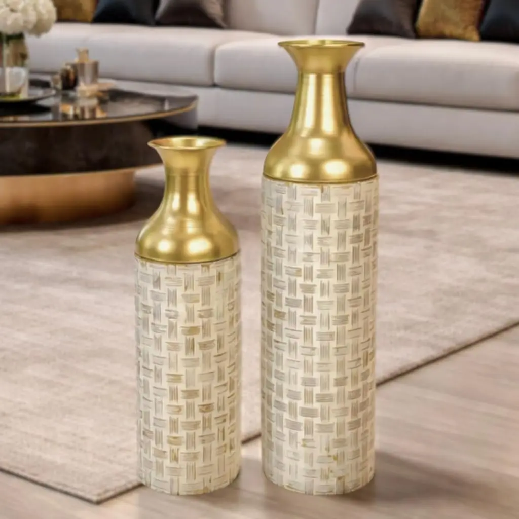 Floor Vase Set (2) with Removable Lid - Large Tall Decorative Vases in Metal, , 21/16? - Modern  Decor for Living Room, Hallway, Fireplace & Office - for Pampas Grass & Dried Stems