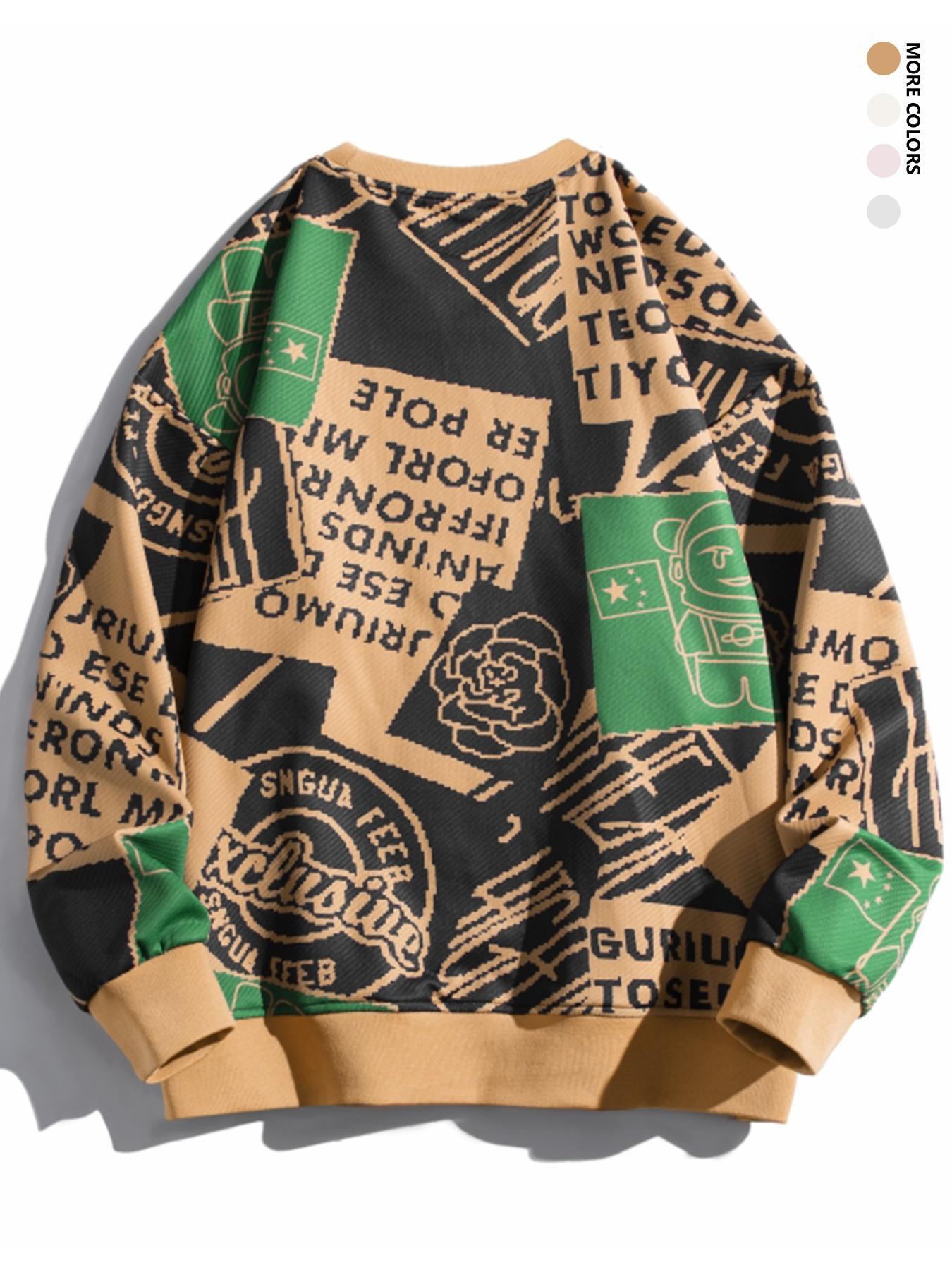 Men's Patchwork Letter Print Drop Shoulder Sweatshirt, Loose Casual Long Sleeve Round Neck Pullover for Fall & Winter, Men's Clothes for Daily Wear