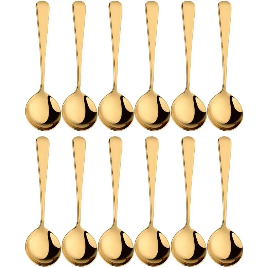 Round Spoon Set, 12-Piece Reusable Stainless Steel Dinner Table Cereal Soup Spoon, Camping Ramen Spoons Gold