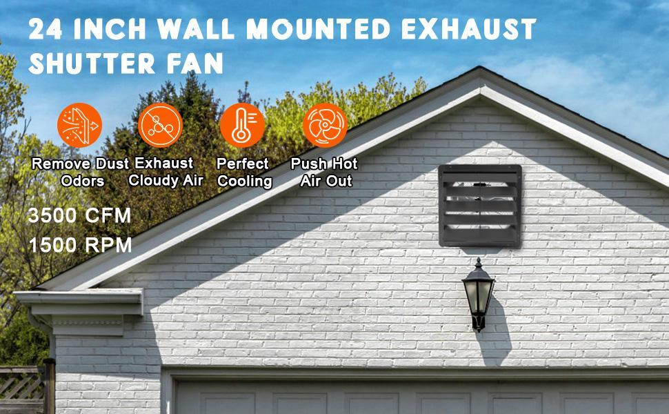 24" Wall-Mounted Shutter Exhaust Fan, 3500 CFM High-Speed Ventilation, 1500 RPM Low-Noise, Aluminum Blades & Automatic Shutter for Attic, Garage, Greenhouse, Workshop & Louvered Vent Applications