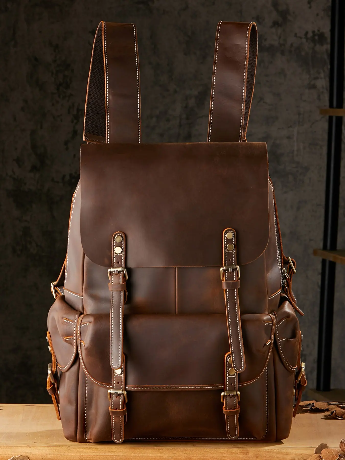 Handmade Leather Vintage Backpack for Men, Genuine Leather Outdoor Travel Bag, Versatile Crazy Horse Skin Laptop Bag, Stylish Men's Shoulder Bag, Traveler Essentials Backpack