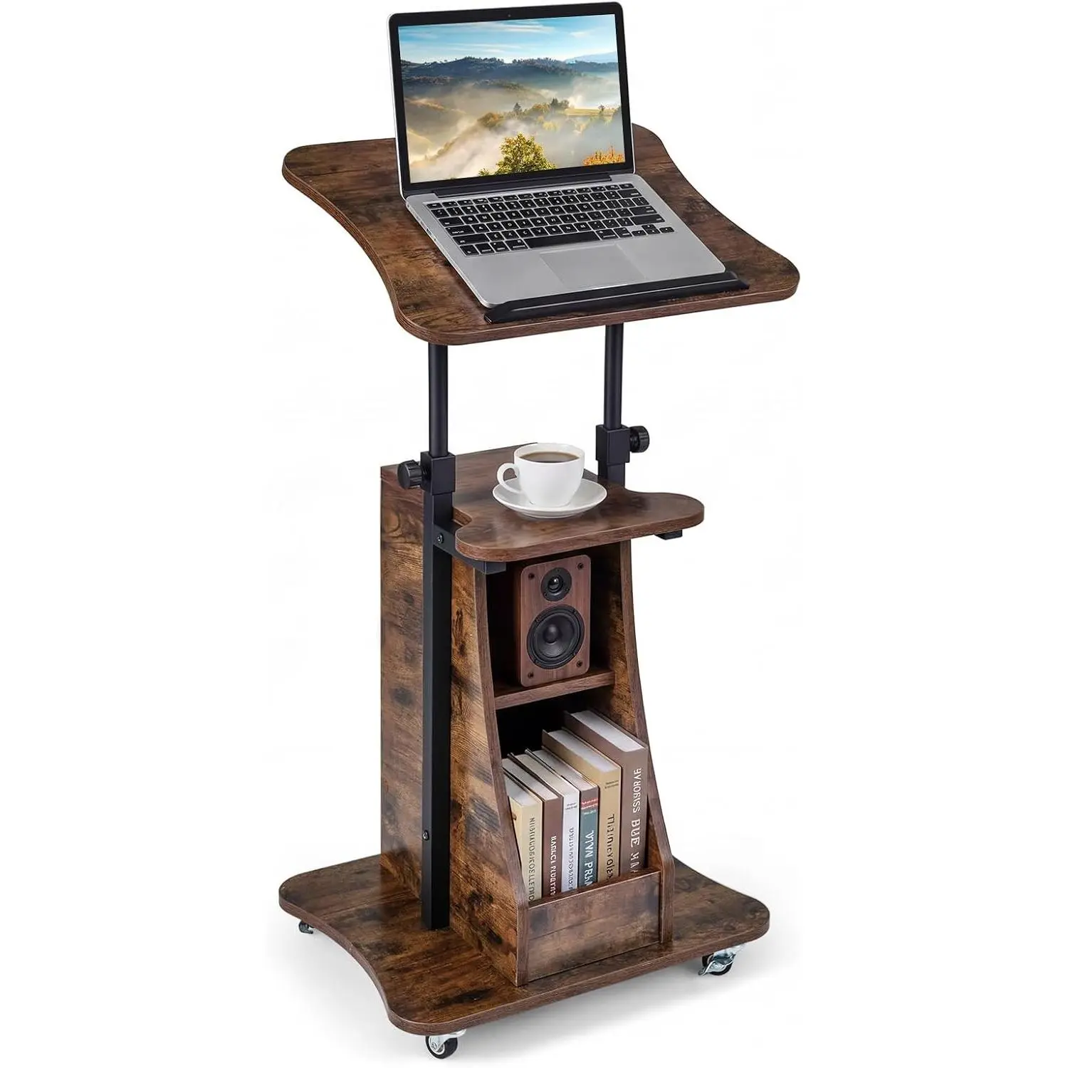 Sit-to-Stand Mobile Podium Stand, Height Adjustable Rolling Lectern Desk w/Tilting Tabletop, Storage Shelves & Lockable Casters, Laptop Computer Cart for Office Classroom (Rustic Brown,1)