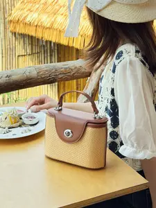 2026 Spring Summer Patchwork Leather Mini Box Bag, Vintage Metal Lock, Lightweight Makeup Pouch, High-End Retro Style Handbag