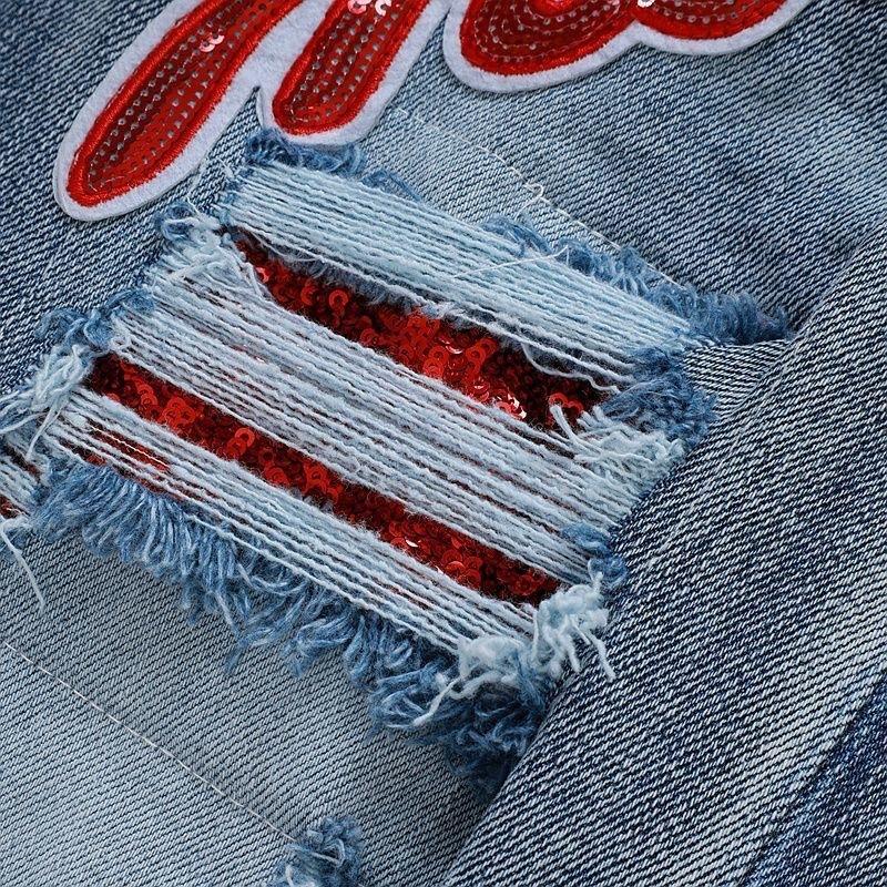 YYK Brand: Street-Style Distressed, Skinny-Fit Stretch Jeans-Featuring Patches, Embroidery, and a Vintage Denim Aesthetic-Showcasing Casual and Fitness-Inspired Styling