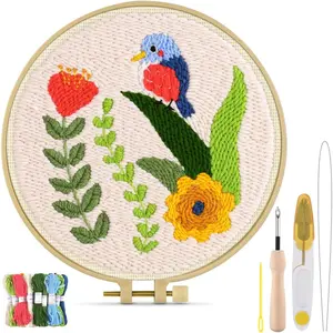 Punch  Kits, DIY Punch Embroidery Kits for Adults Beginner, Tool with Punch  Fabric, Hoops, Yarns and Sewing  (Set C)