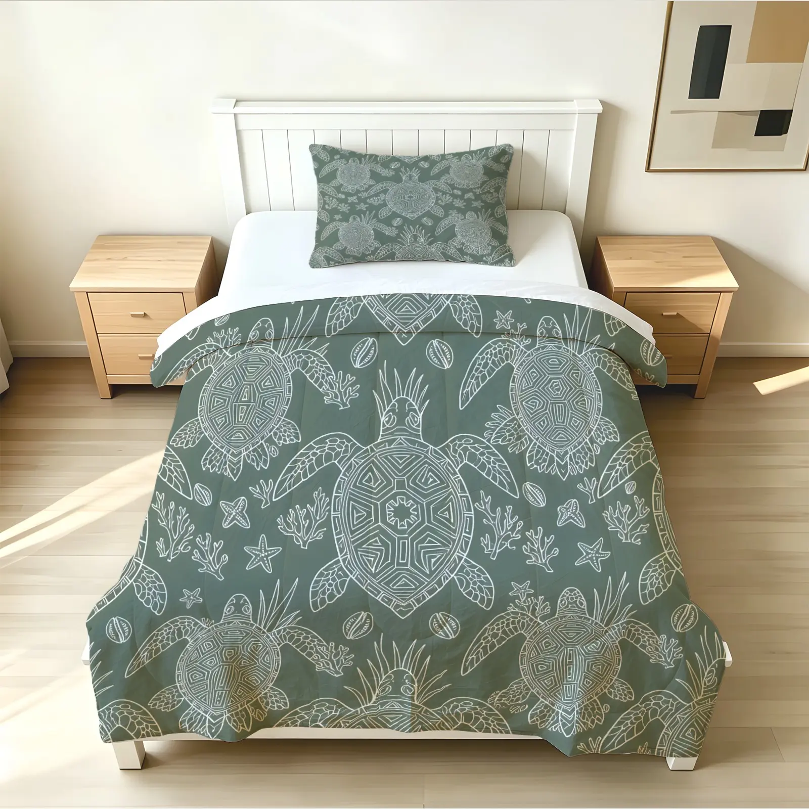 2/3Pcs Bohemian Ocean Turtle Line Drawing Morandi Multi-color Printed Quilt Set, Breathable Wrinkle-resistant Washable Polyester Fabric, All-age Four-season Complete Bedding Set (With Filling, Pillow Inserts Not Included)