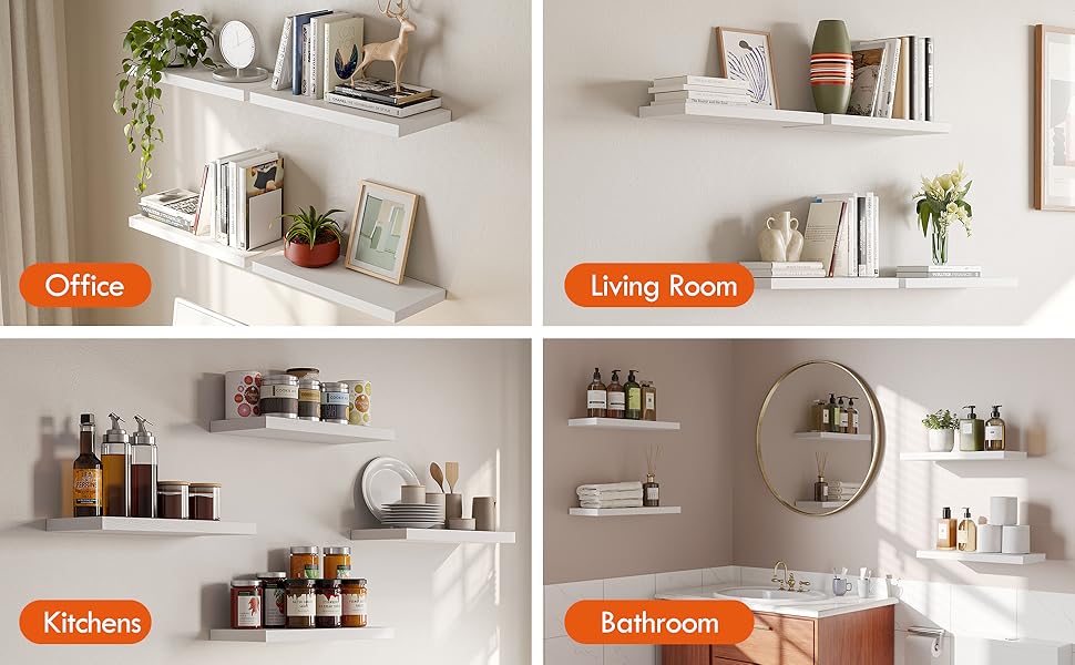 16’’White Floating Shelves for Wall Set of 4,Rustic Wood Shelf for Room Decor/Storage/Display,Small Bookshelf,Wall Mounted Hanging Shelves for Bedroom, Bathroom, Living Room, Kitchen