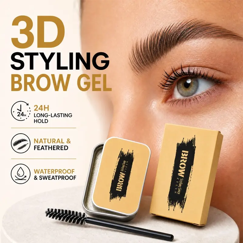 3D clear styling brow gel with matching spiral spoolie brush, transparent non-tinted formula locks every brow hair in place to create fluffy feathered natural brows, long lasting hold for daily nude makeup and clean studio eyebrow shaping looks.