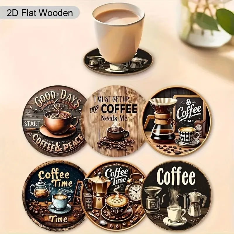 6-Pack Vintage Coffee Time Coasters for Drinks Set, Heat-Resistant Matte Finish, Retro Coffee Design, Home & Office Decor, Ideal Gift