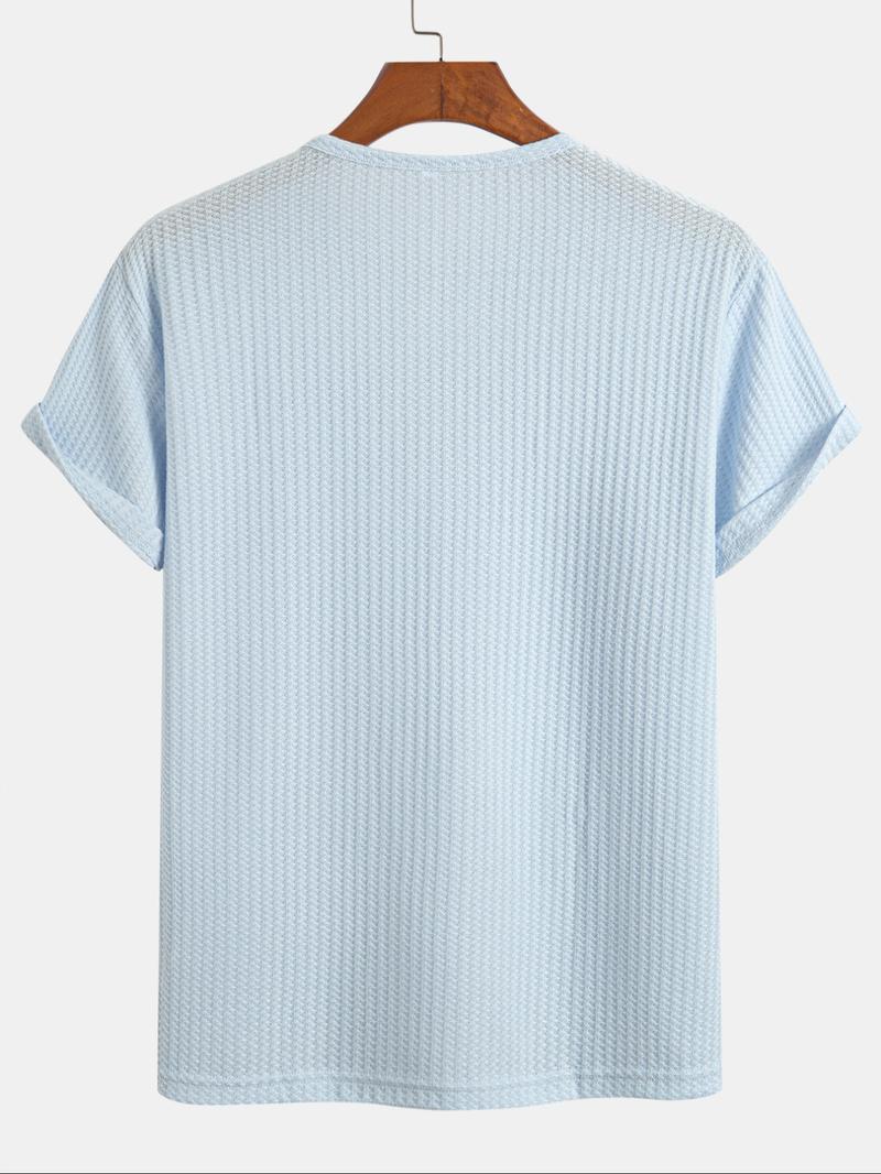 Men's Solid Knit Henley Curved Hem Tee, Regular Fit Casual Short Sleeve T-shirt for Summer, Men's Top for Daily Wear