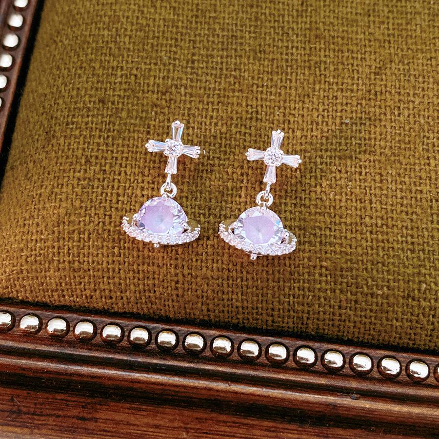 925 Silver Needle Cross Saturn Earrings | Minimalist Cool Style Zircon Planet Earrings Luxury Jewelry