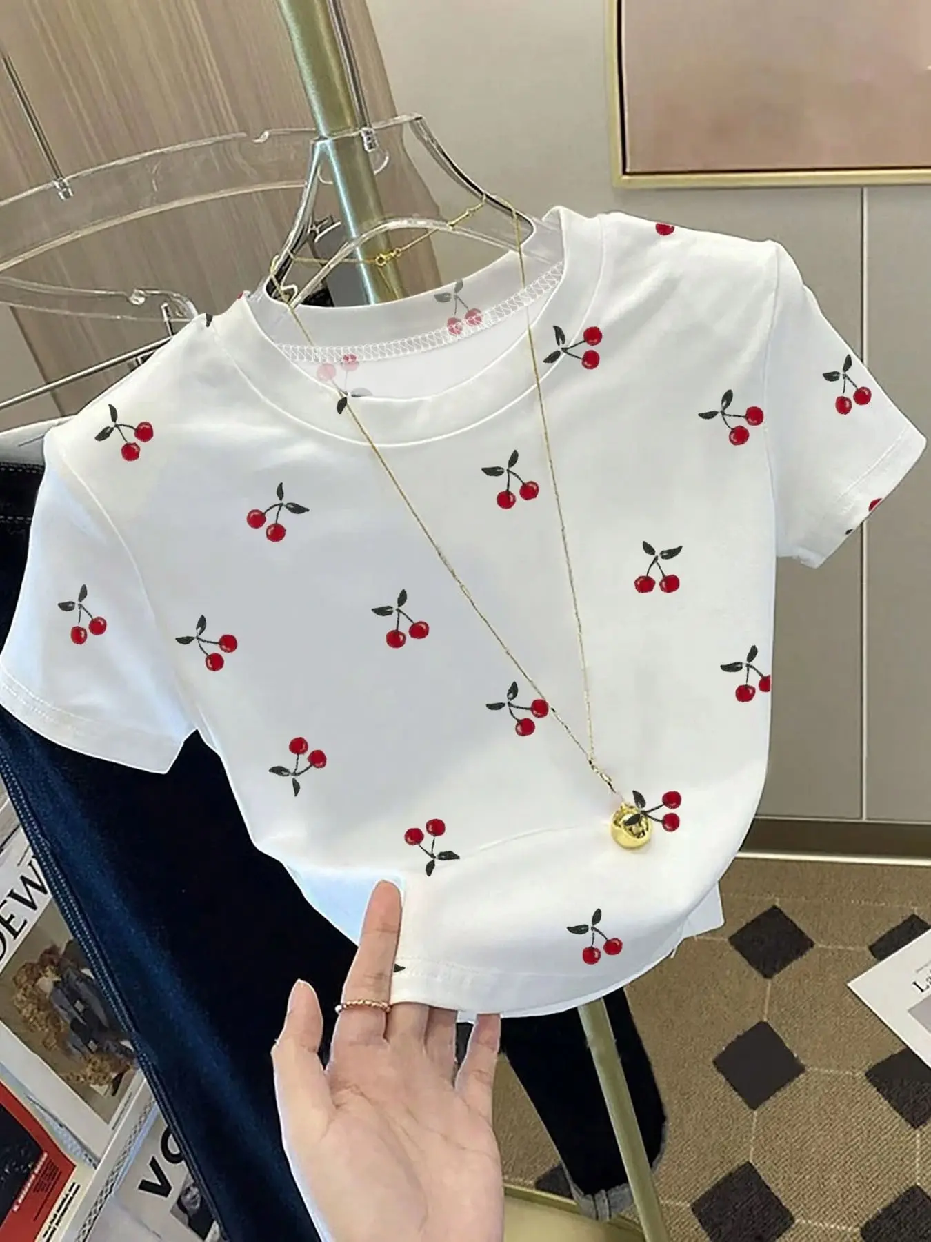 Women's Short Sleeve T-Shirt, Round Neck, Cherry Print, Sexy Fitted, Streetwear, Youthful, Campus Fashion, Trendy, Casual, Summer