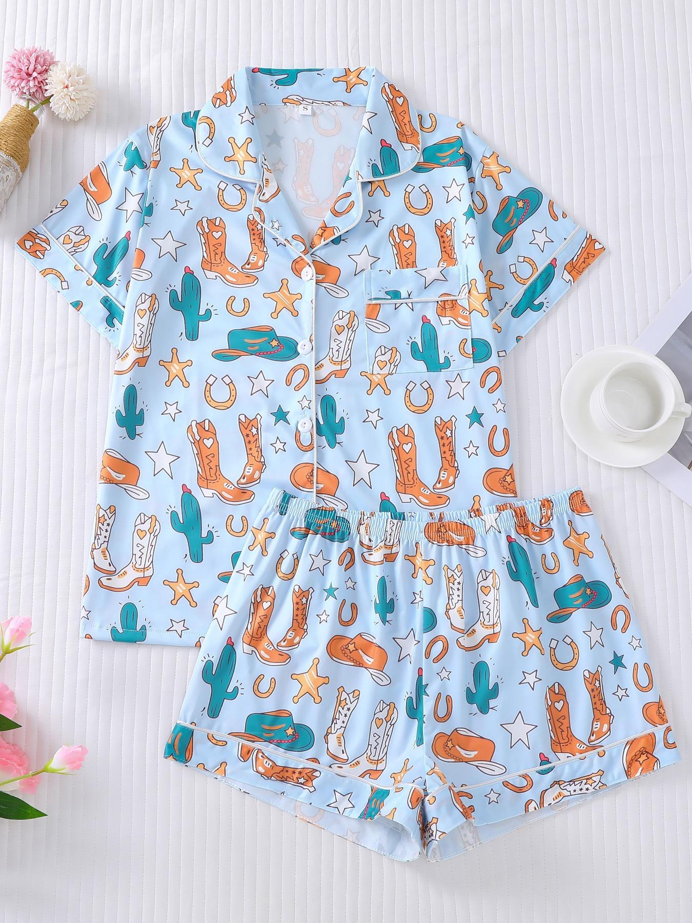 Women's All Over Cowboy Print Lapel Neck Button Front Pajama, Casual Comfy Short Sleeve Pocket Top & Elastic Waist Shorts PJ Set, Ladies Sleepwear Loungewear for All Seasons