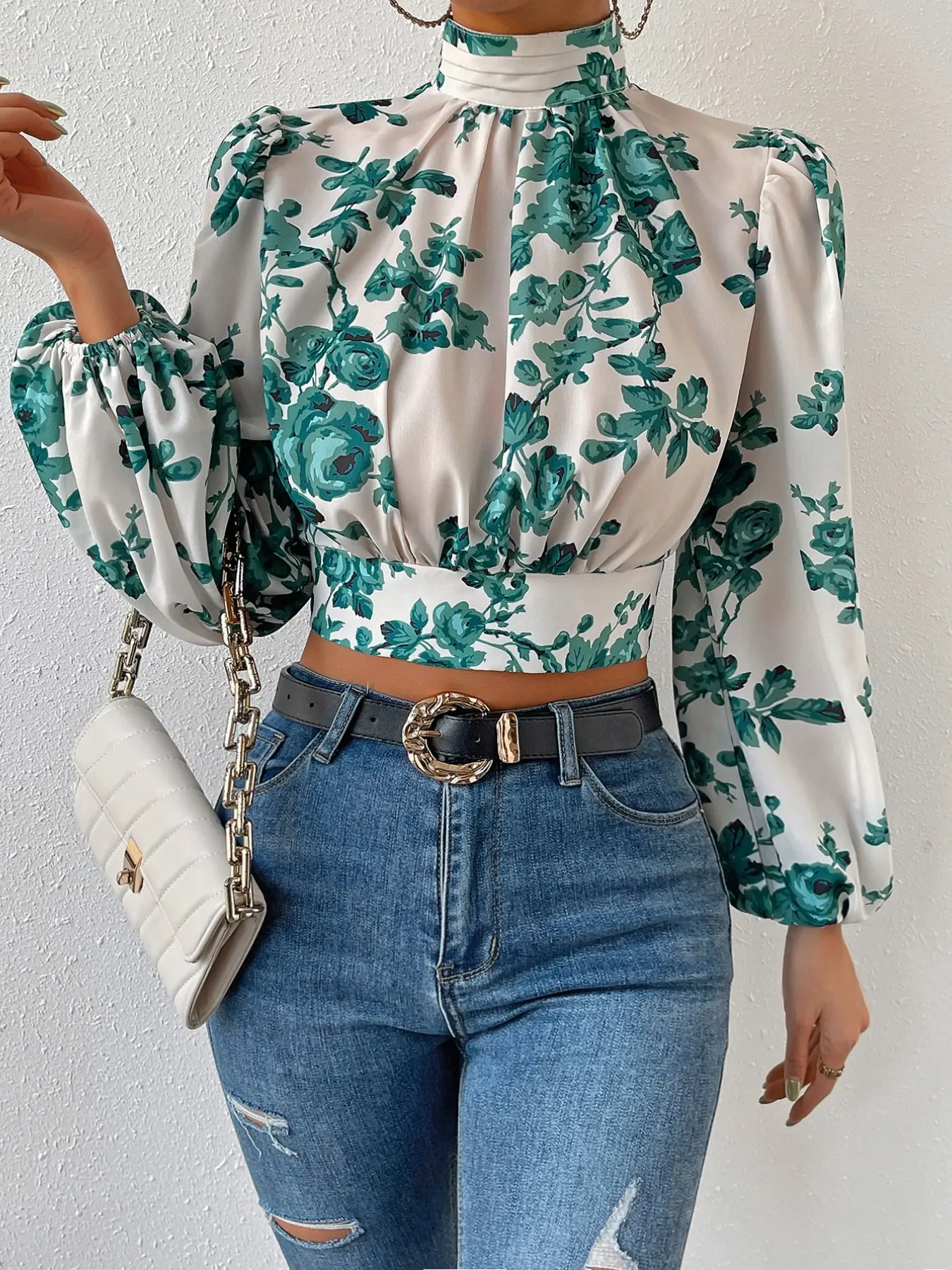 Women Floral Print Tie Back Blouse, Long Lantern Sleeve, Mock Neck, Open Back Crop Top, Elegant Formal Party Shirt, Chic Fashionable Women's Clothing