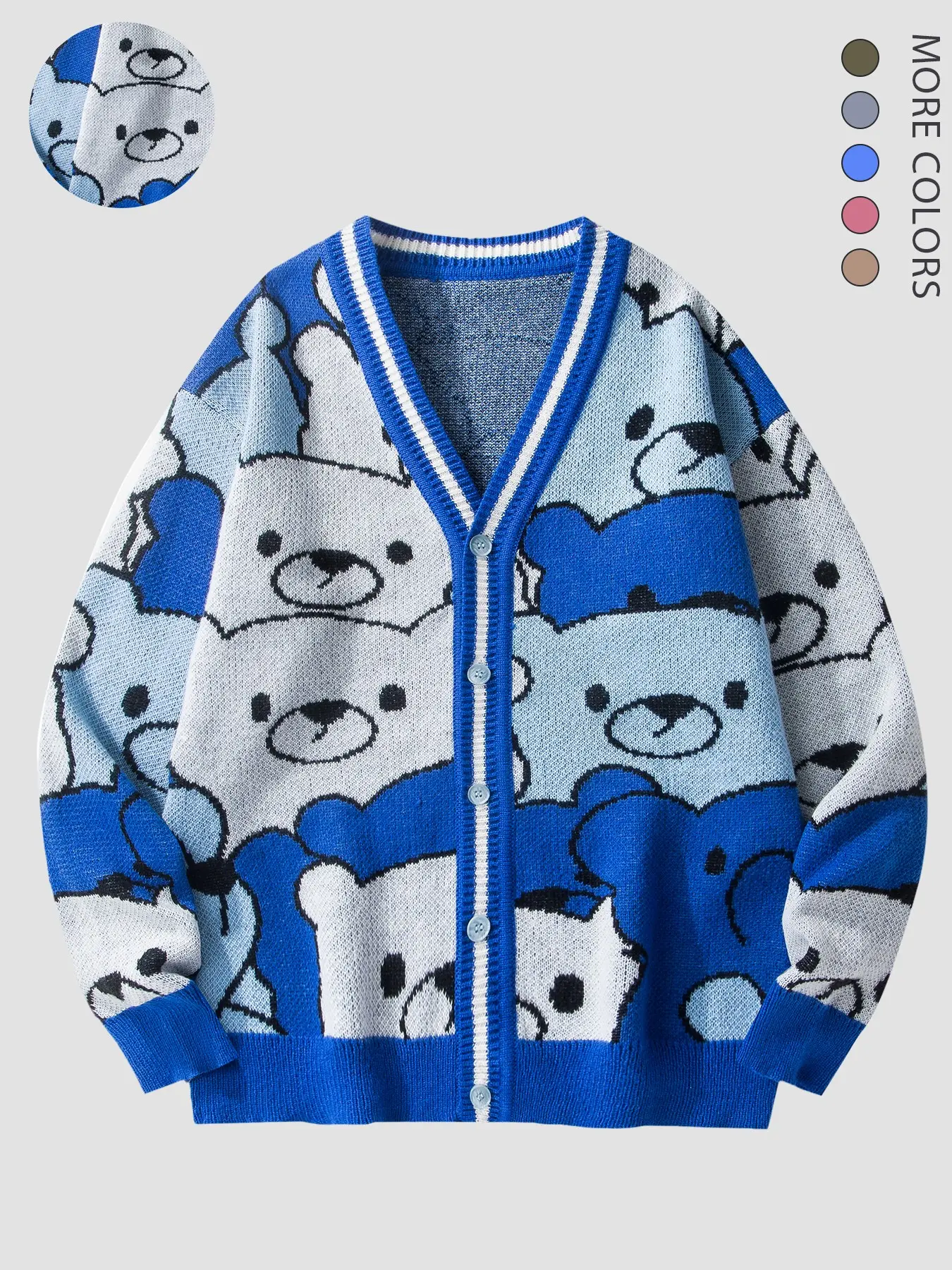 Unisex Fall Winter V Neck Knit Cardigan, Cartoon Teddy Bear Print, Button Front, Soft Loose Fit, Street Style, Long Sleeve, 5 Colors Available