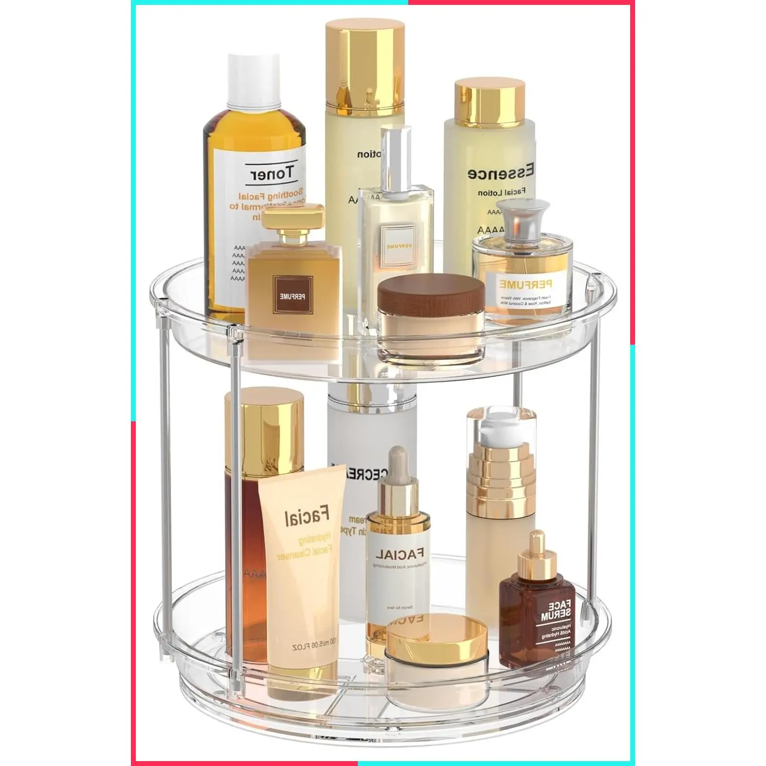 360° Rotating 2-Tier Makeup Organizer, Clear Skincare & Perfume Holder for Bathroom Counter, Lazy Susan Vanity Tray for Dresser & Kitchen Cabinet