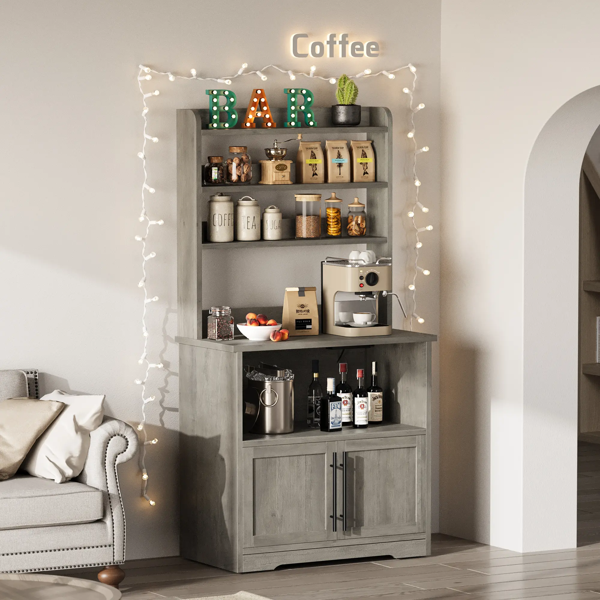 Garvee Farmhouse Bakers Rack with Power Outlet & USB - Microwave Stand with Storage Cabinet - Coffee Bar Kitchen Rack - White & Pear Wood, 63'' Tall