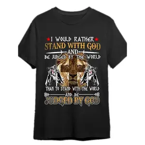 Knight Templar 'Judged By God' Graphic T-Shirt for Men, Christian Lion & Cross Print, Short Sleeve Casual Cotton Blend Crewneck, Menswear, Shortsleeve