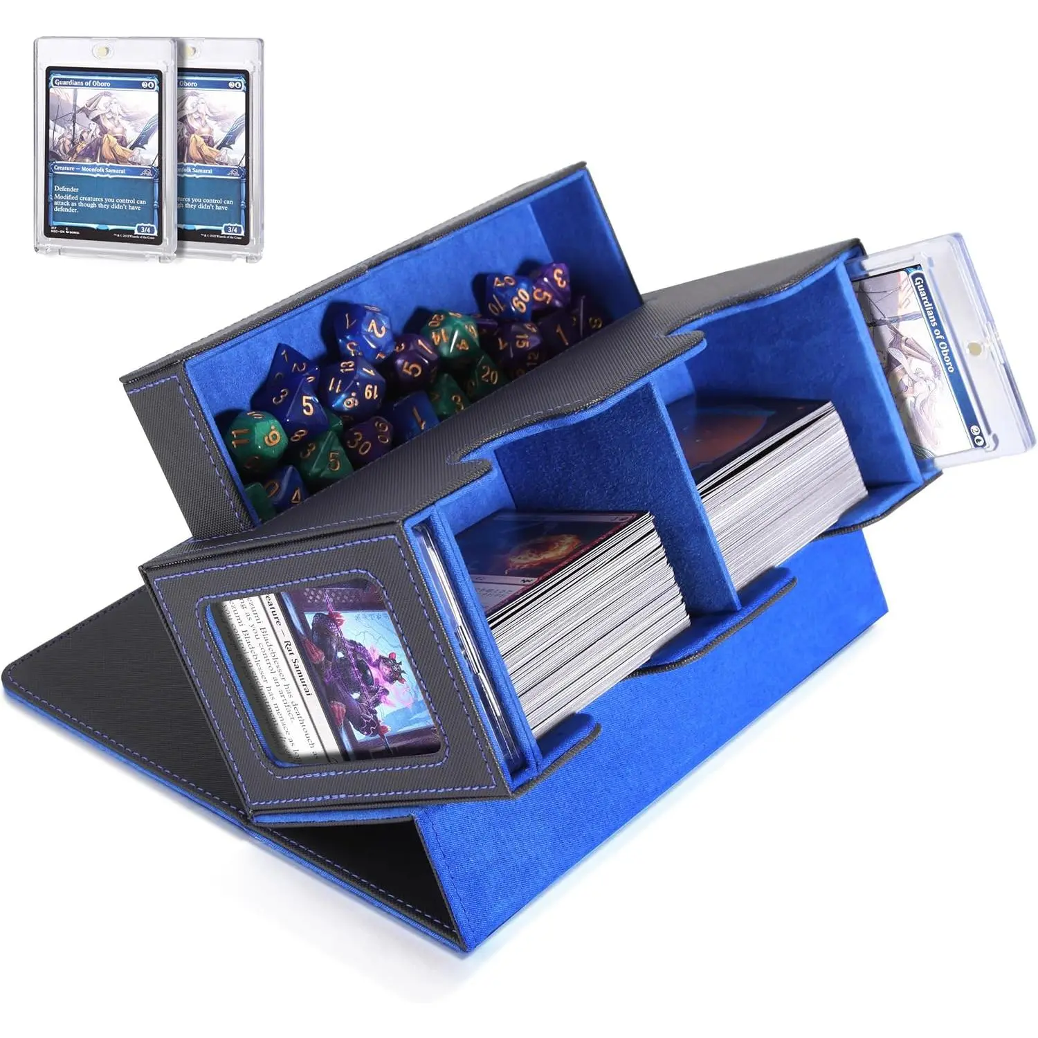 MTG Commander Deck Box with Display, Fits 250+ Single Sleeved Cards, Double Storage Box with Dice Tray, Magnetic Card Case for CCG TCG Sports Cards, Black Blue