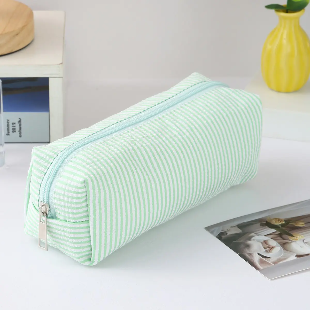 1pcs Macaron Stripe Pencil Case, Fresh and Simple, Large Capacity with Zipper, Portable, Perfect for Students, Girls, School, Office Supplies, and Office Stationery Storage