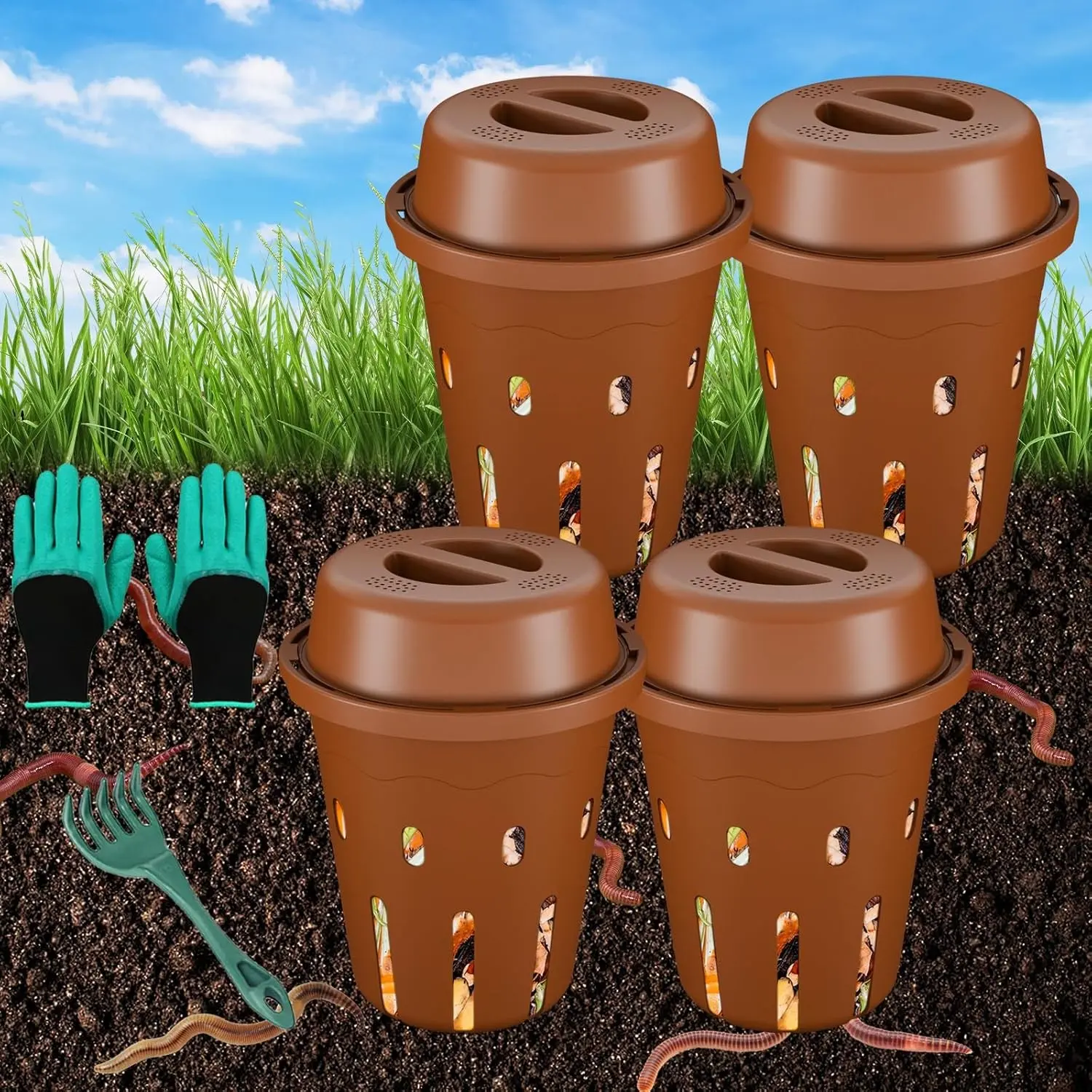 Inground Worm Composter, Mini Underground Worm Farm for Garden Beds, Outdoor Worm Compost Bin for Food Waste, Vermicomposting Bin for Beginners, Elderly, Children (7x7x7.4Inch), Tan, 4-Pack