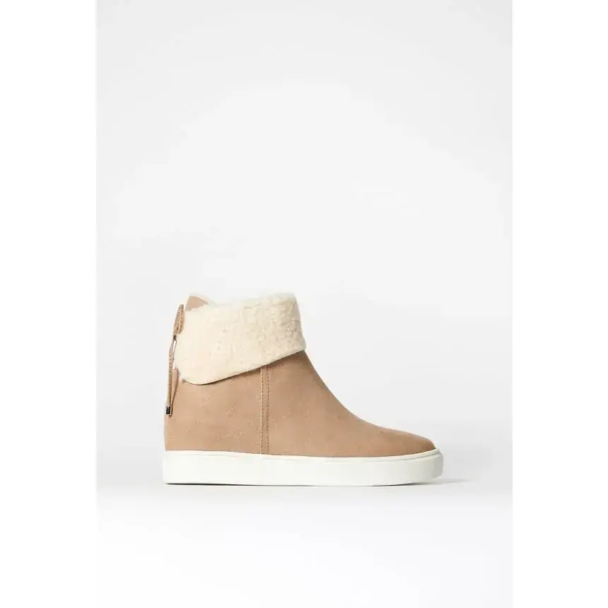 JUSTFAB Women's Hidden Wedge Sneaker Boots Faux Suede Slip On Booties Sherpa Fleece Winter Casual Shoes