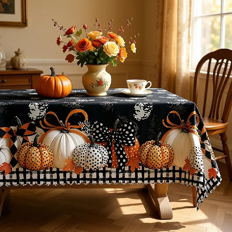 Halloween Pumpkin Tablecloth with Ghosts, Skulls, Black Cats and Spooky Fence Border, polyester for Dining Events and Halloween Decor, Machine Washable, Multi-Size, Table Protection, Clearance Sale