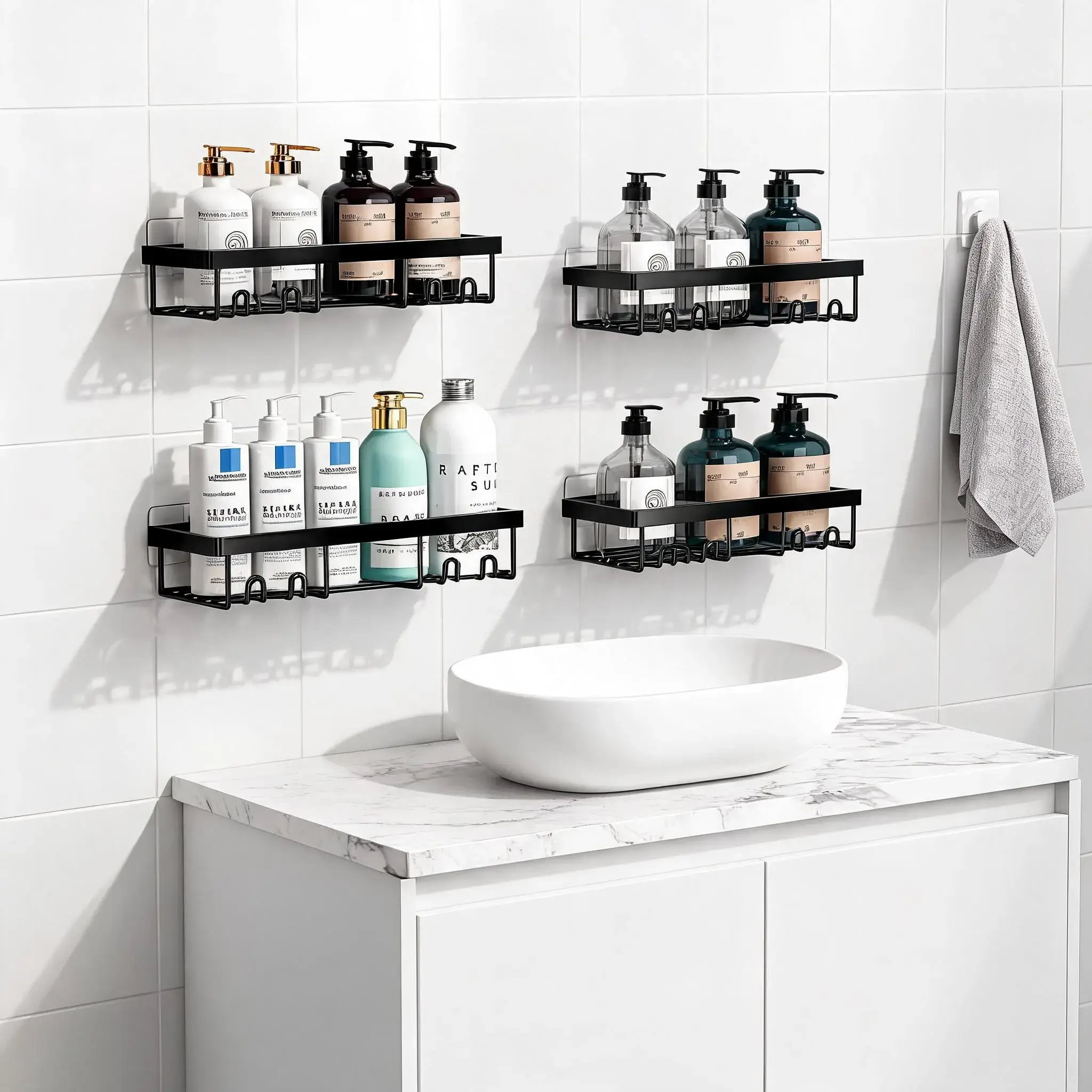 Bathroom Storage Rack, 4 Counts/set Adhesive Shower Organizer Shelves, Waterproof Bathroom Supplies, Space-Saving Bathroom Essentials Accessories, Durable Shower Organizer #GLOBAL PICKS