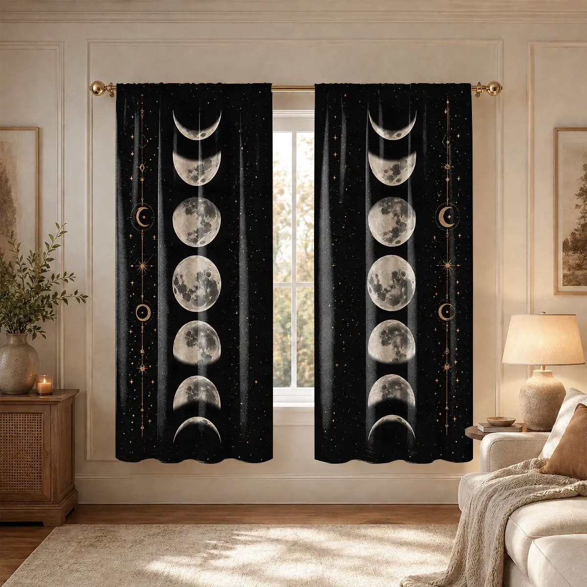 Moon Phase Starry Curtains Set, 2-Piece Blackout Star Moon Print Drapes, Bedroom Dark Aesthetic Astrology Decor Window Treatments