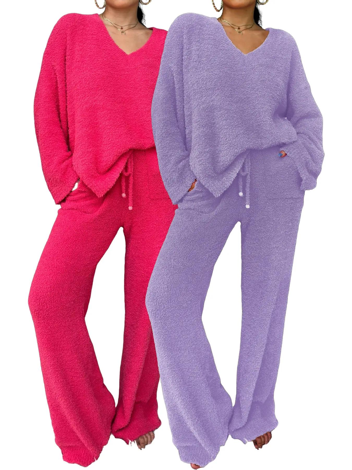 【COZY PAJAMA SET】Women's Solid Split Hem Top & Pocket Pants Plush Pyjama Set, Casual Comfy Long Sleeve V Neck Top & Drawstring Trousers PJ Set, Women's Fluffy Pajamas for Fall & Winter