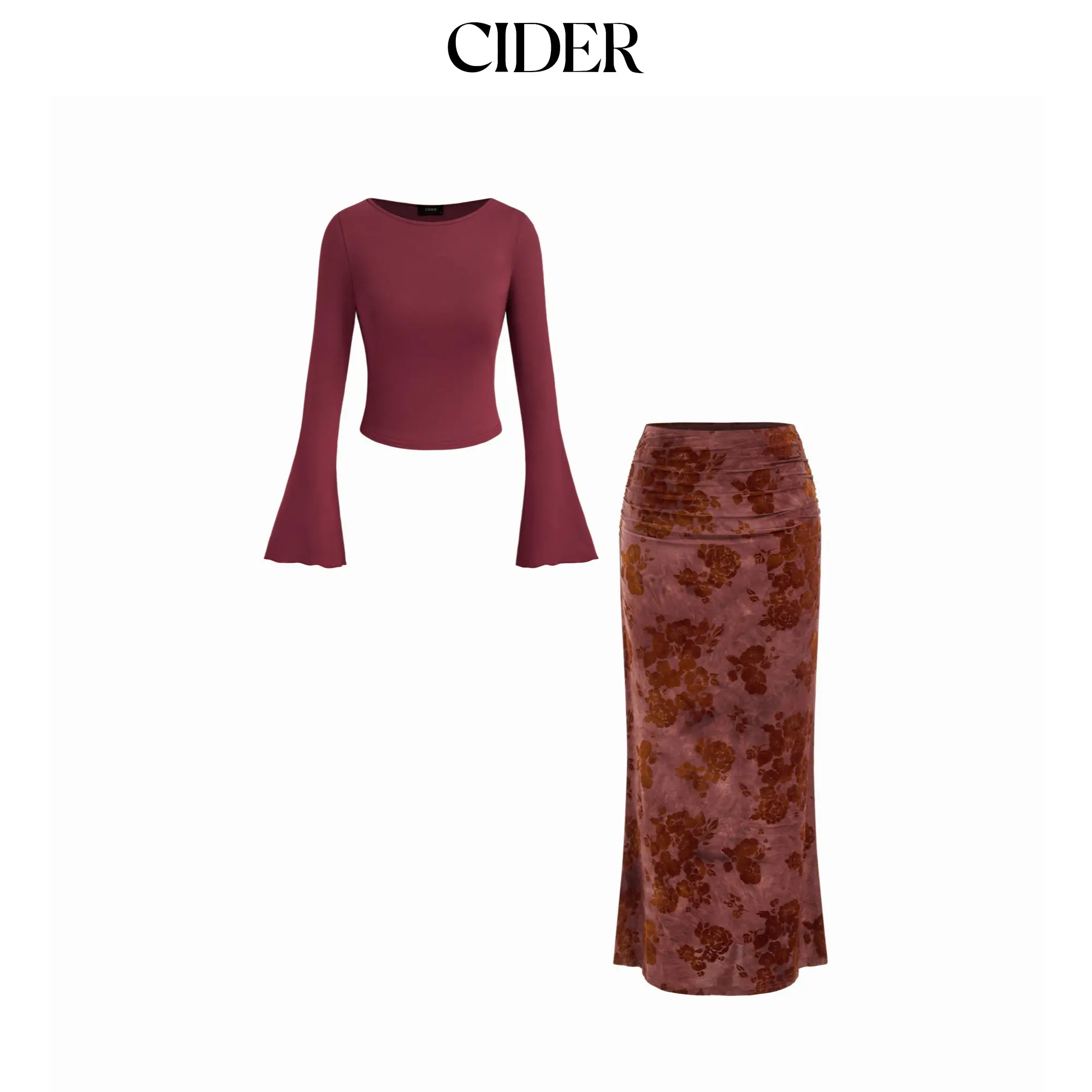 Cider Boat Neck Long Sleeve Top & Mid Rise Floral Ruched Maxi Skirt Set