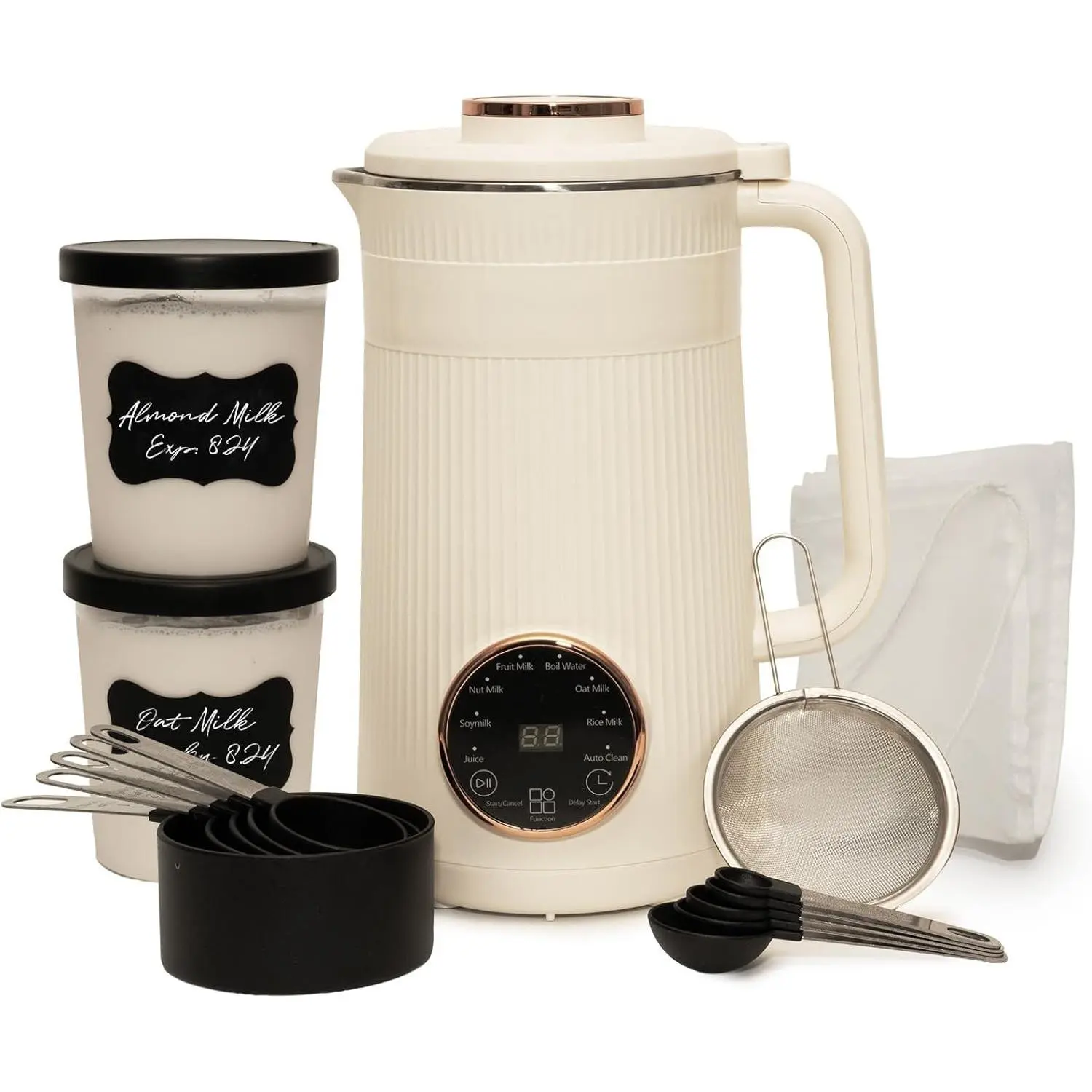 -In- Bundle Nut Milk Maker Machine – Includes 4 Storage Bottles, Labels & Measuring Set 32oz Capacity 8 in 1 Function Soy Milk Maker Machine Automatic Stainless Steel Almond Nut Oat Rice