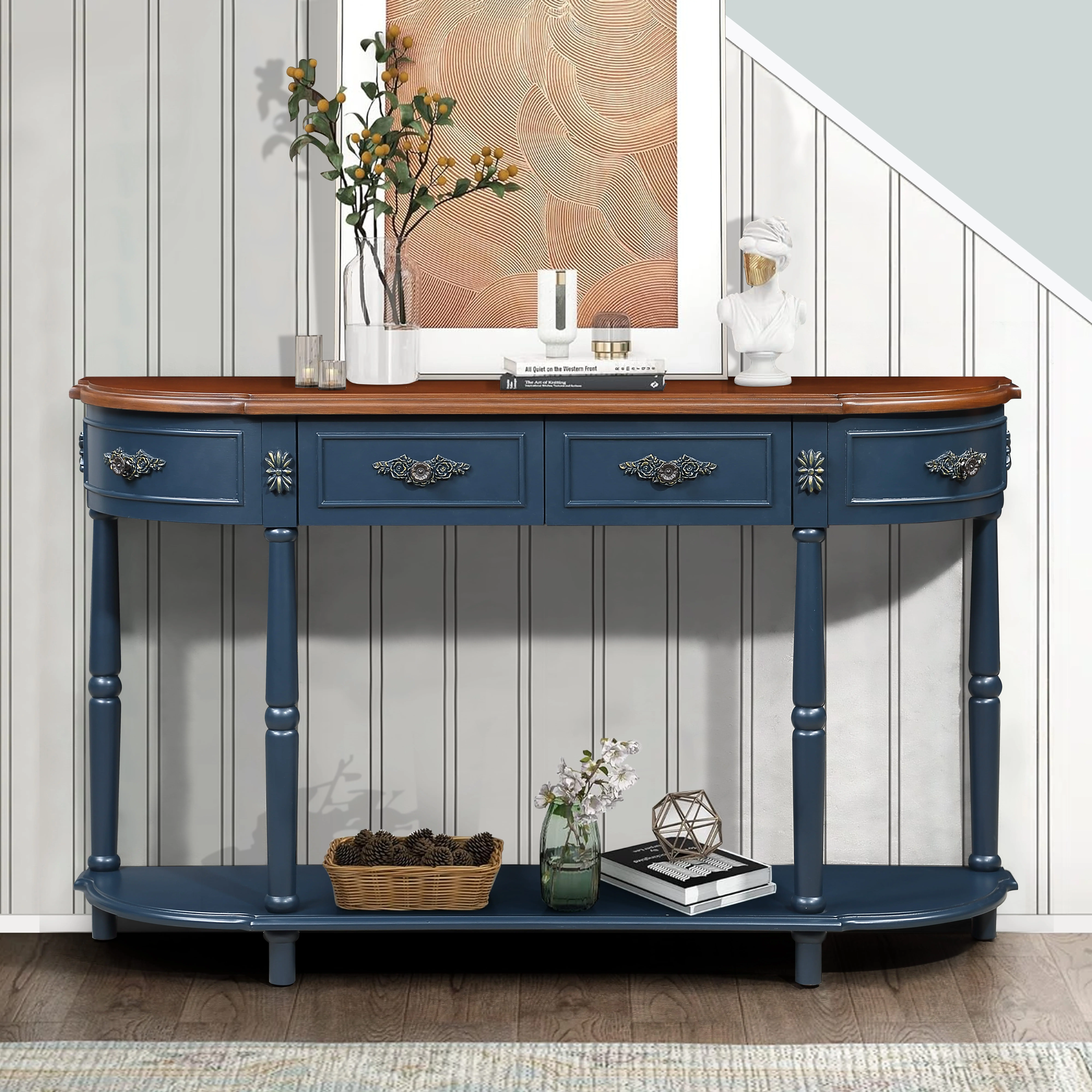 52" Retro Half-Moon Console Table with 2 Drawers and Open Shelf, Navy Blue/Brown, YATU Living