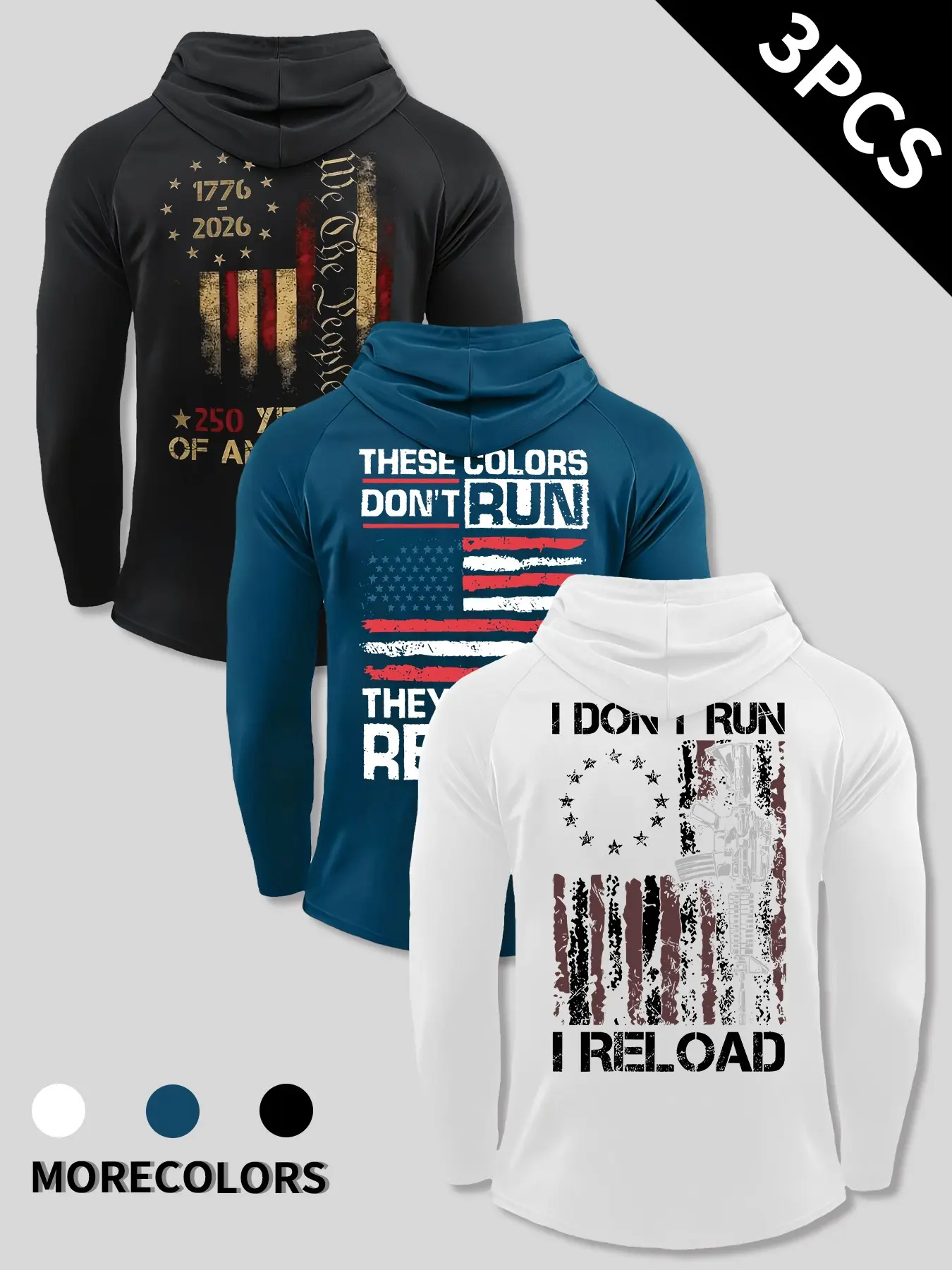 American Retro 1776 Flag Slogan Double-Sided Print Compression Hooded Long Sleeve 3 Pack, Quick Dry Stretch Tactical Gym Slim Base Hoodie