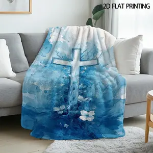1pc Christian Cross Flannel Blanket Suitable for Home, Travel & Camping - Soft Botanical Print Bedspread with Cross Design, - Cozy Throw for, Machine Washable, Valentine's Day-280GSM