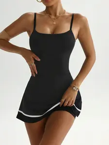 Women Color Block Trim Tennis Dress Adjustable Spaghetti Straps Attached Liner Shorts Tummy Control Slim Mini Skort Dress for Yoga Golf Workout Daily Casual