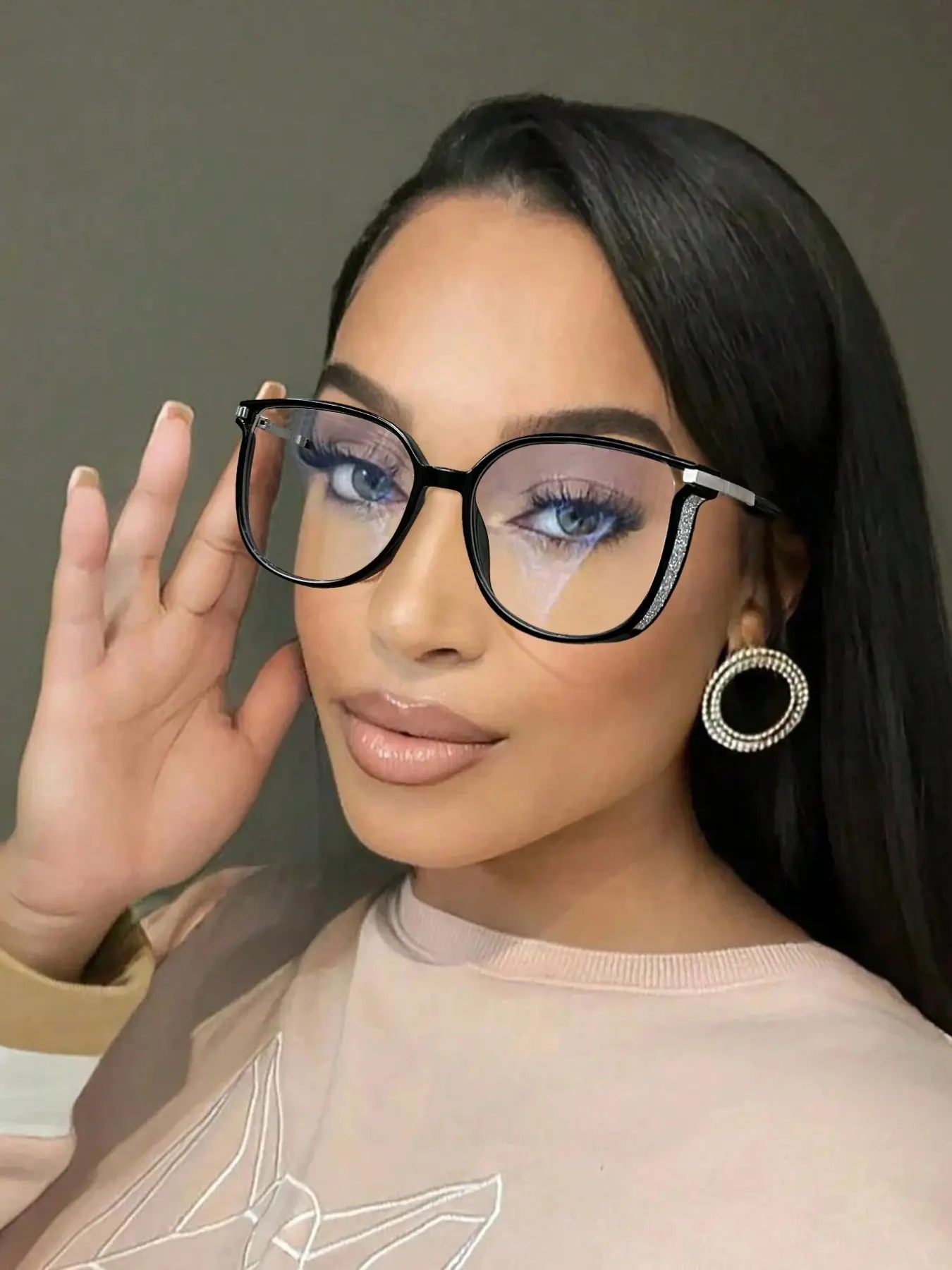 Elegant Rhinestone-Decorated Women's Clear Glasses, Slimming Large Frame Design, Perfect for Electronics & Daily Wear Accessories