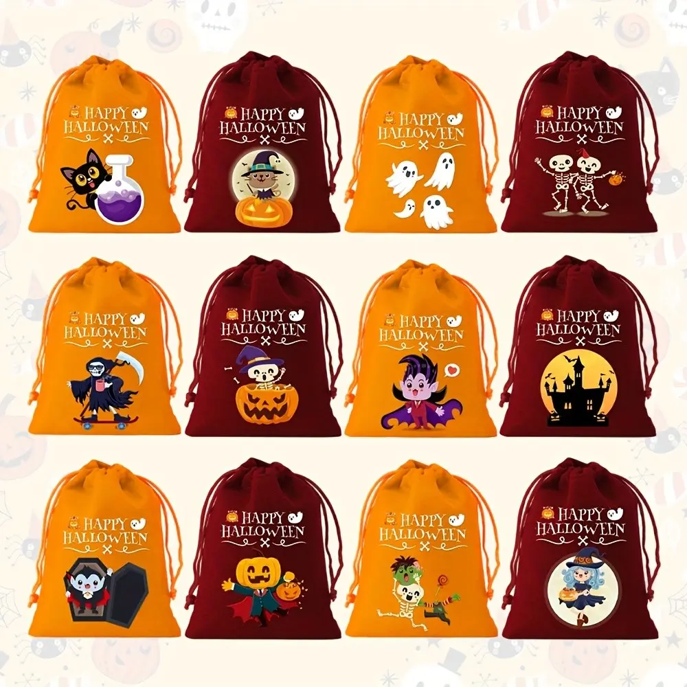 Assorted Halloween Drawstring Goodie Sacks 12/24/36Pcs,  Burgundy & Orange Cartoon Ghost Skeleton Witch Pumpkin Print Gift Bags, Drawstring Closure for Halloween Party Supplies, Treat Storage & Birthday Decor