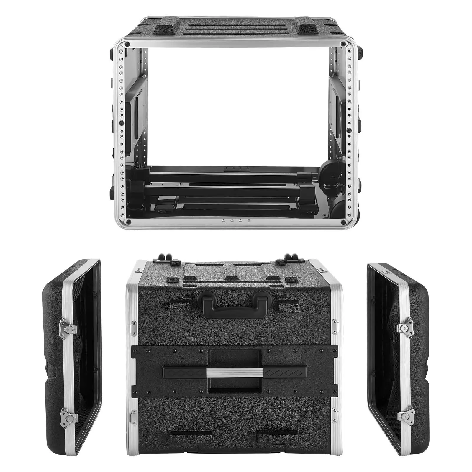 VEVOR 8U Rolling Amplifier Rack Cabinet, 19in Depth ABS Build, Retractable Handle, Latches, Built-in Rails, Dual Access, Detachable Covers, 18.4in Internal Depth (7U Space+1U Wheel Space) for Quick Installation, Performances, Rehearsals, Rolling Cabinet,