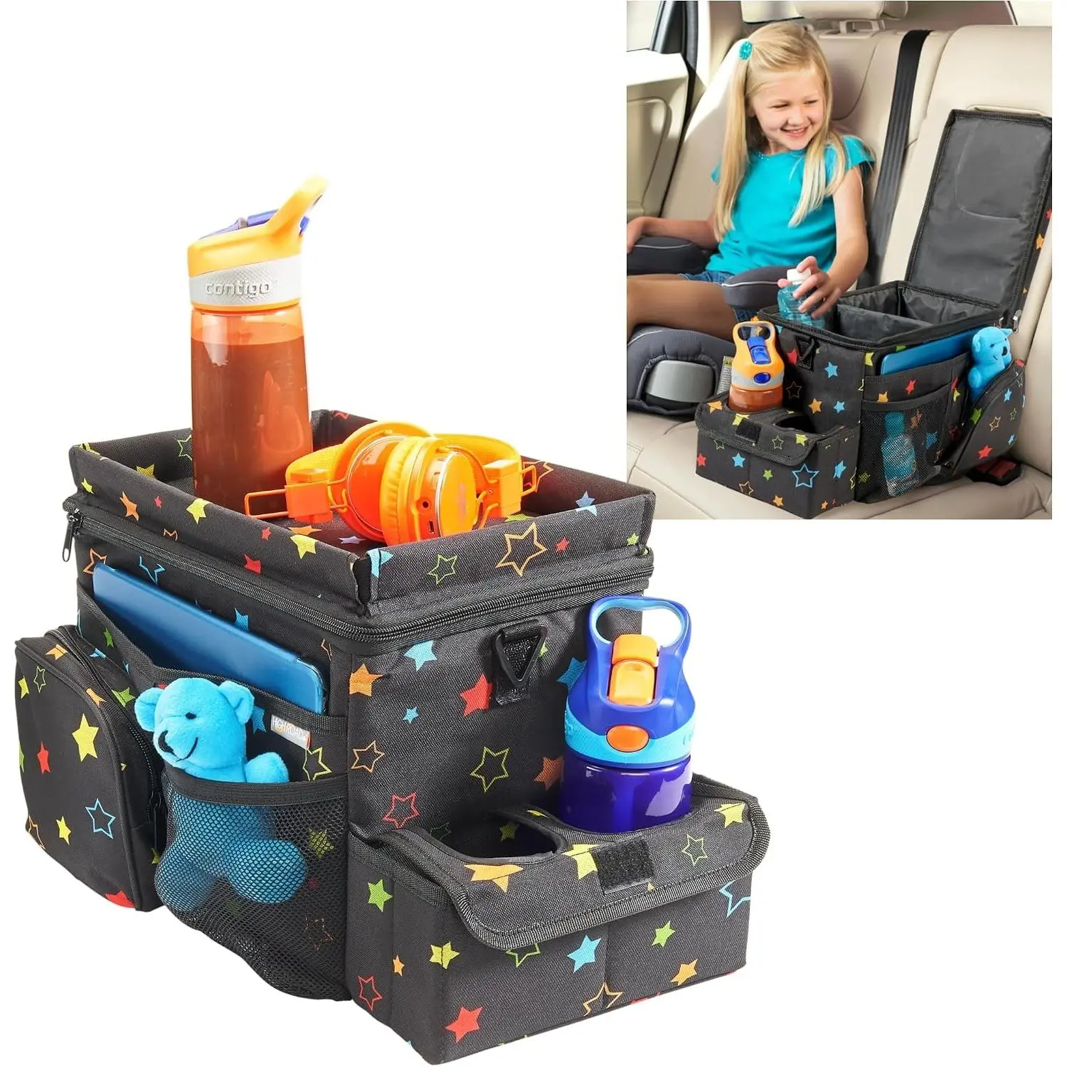 CarHop Car Caddy Organizer with Road Trip Cooler, Car Cup Holder Bin, Sturdy Snack and Play Lid and 6 Organization and Storage Pockets, Starry Night