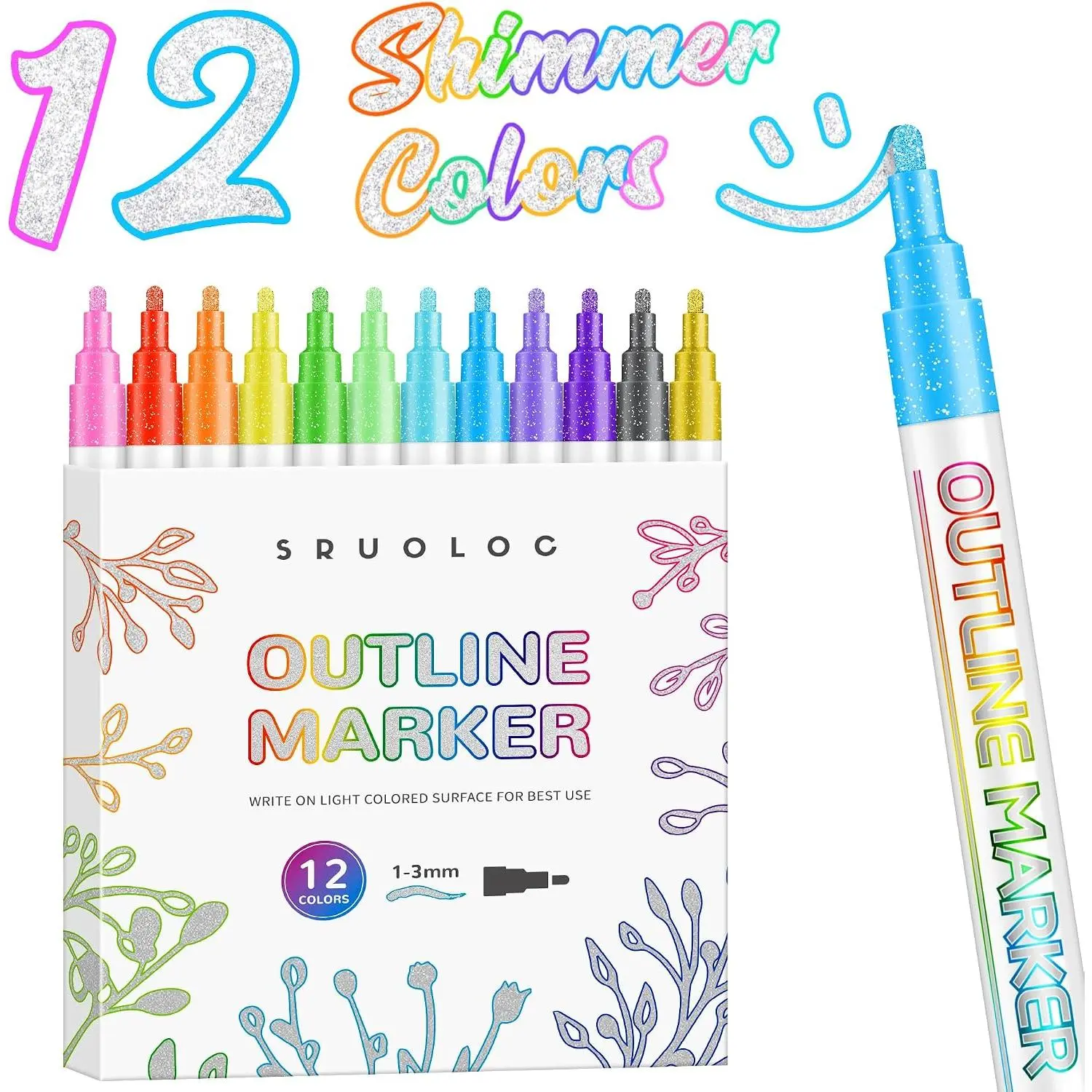 Shimmer Markers Outline Pens, 12 Colors Metallic Glitter Pens Set Glitter Markers Pens Set for School Cards Lettering, Doodle Drawing Supplies Art Craft Teen Stuff Basket
