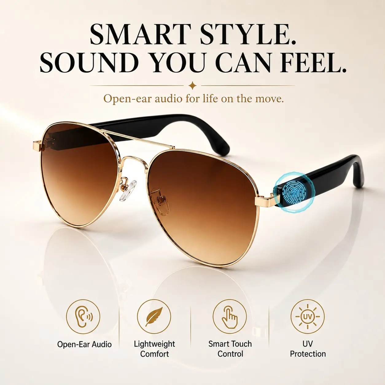 Smart Bluetooth Glasses with Built in Speakers & Mic, Open-Ear Audio, Hands-Free Calling, Touch Control, Voice Assistant, UV400 Sunglasses, Rechargeable for Cycling Running Hiking