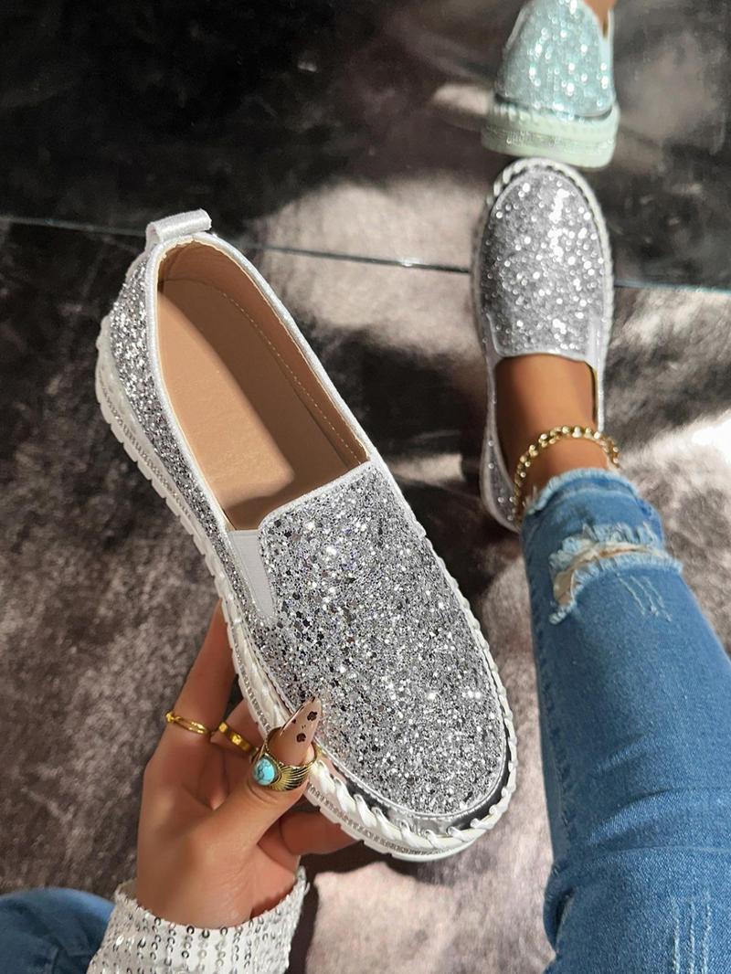 Women's Fashionable Glitter Rhinestone Decorated Slip on Loafers, Casual Comfortable Low Top Shoes for Daily Wear, Lightweight Breathable Shoes for Women & Girls