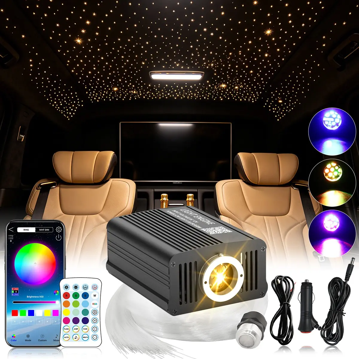 500pcs 2M App-Controlled 16W Twinkle Fiber Optic Star Light Headliner Kit Set, Car Interior Ambience Light for Roof Ceiling, Home Bedroom Decor Lighting