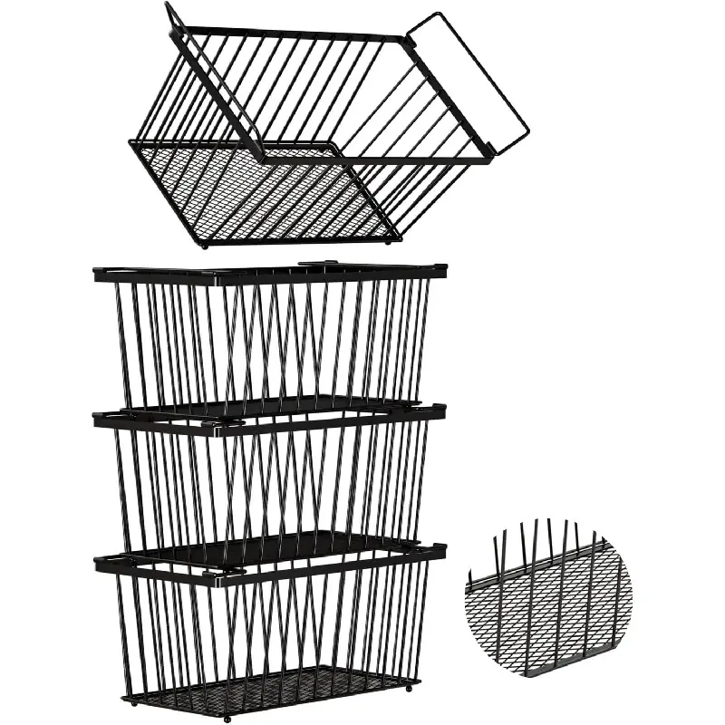 4 Pack Black Stackable Freezer Organizer Bins with Reinforced Leak-Proof Bottom, Deep Storage Containers Fit 7 Cu.FT Small Chest Freezer, Multi-use Pantry Refrigerator Kitchen Storage & Organization Accessories