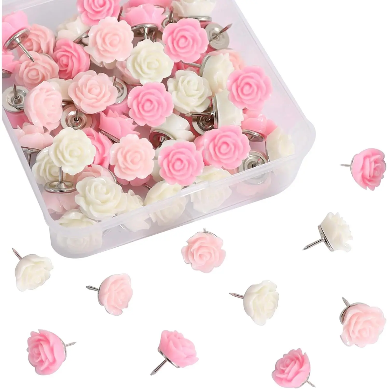 Vuzvuv 60 Pcs White and Cream Pink Rose Flower Push Pin with Gradient Color for Bulletin Board,Decorative Cute Thumbtacks Floret Flower Pins for School, Office