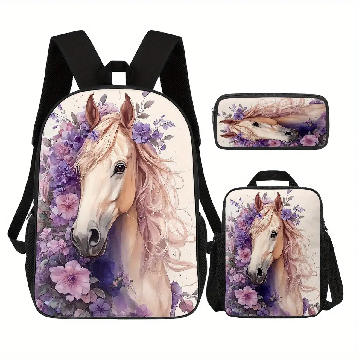 3pcs Backpack Set with Flowers Horse Design, Includes 17.1 Inch Durable Large-Capacity Bookpack & Insulated Lunch Bag & Multi-Functional Pencil Case, Perfect for Commuting Office Weekend Getaways Daily-Use Christmas Birthday Gifts